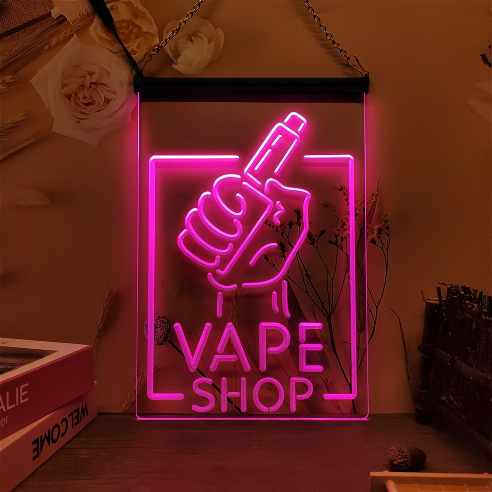Vape Shop Neonowy szyld do dekoracji ścian – ściemniane neony LED z zasilaniem USB, idealne do sklepów z akcesoriami dla palaczy, pubów i palarni,Pink,60x40cm