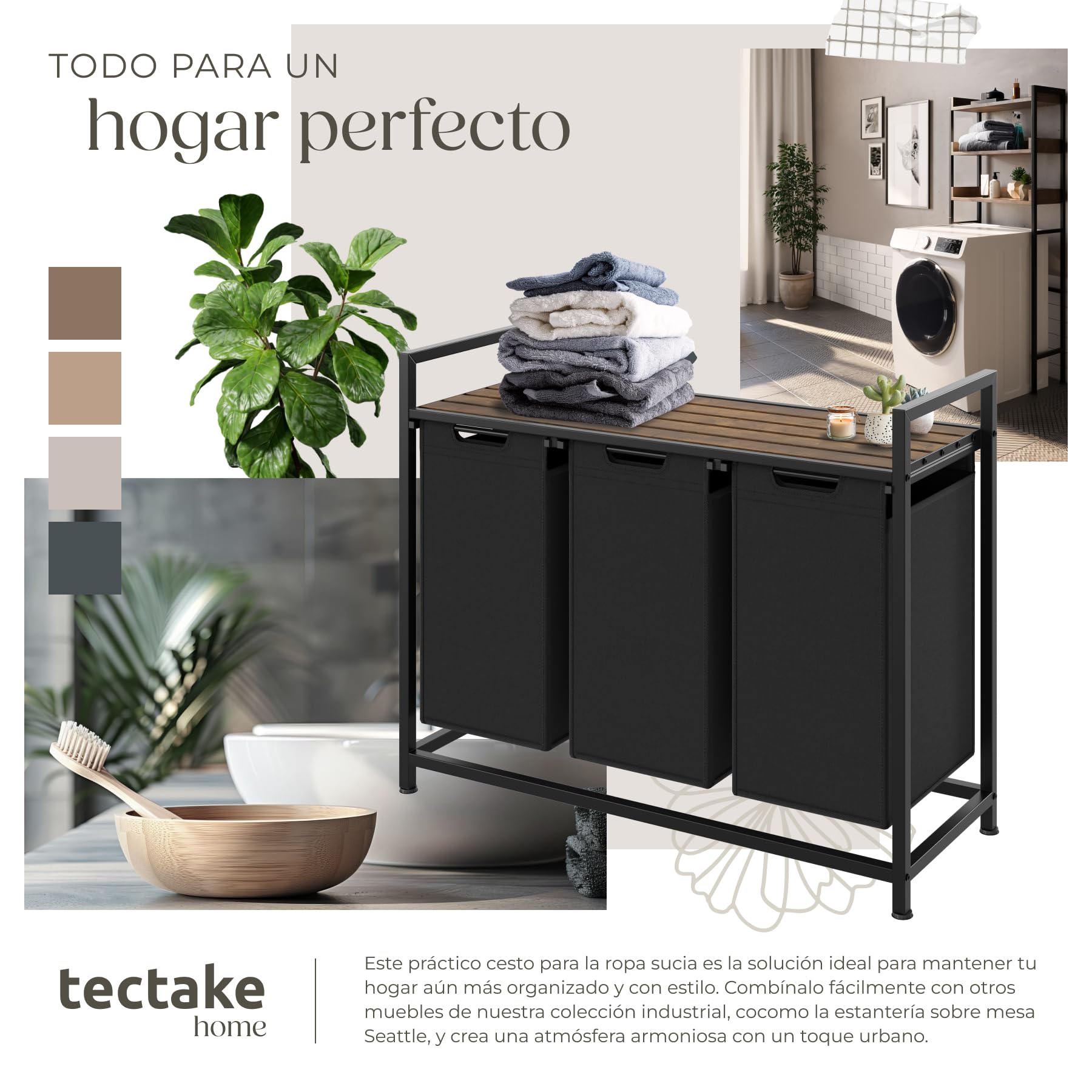 tectake® Cesto Ropa Sucia, Diseño Industrial Rústico, 3 Compartimentos, Bolsas de Poliéster Extraíbles, Cesta para Colada, Armario Lavandería, Estructura de Acero, Pies Regulables - 34 x 93,5 x 72 cm