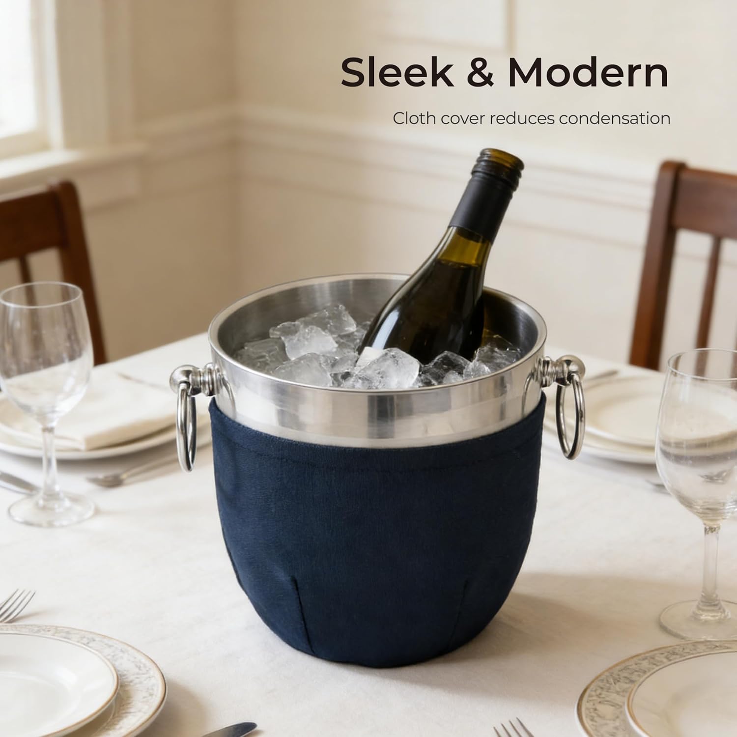 Fortune Candy Insulated Ice Bucket - Double Walled Stainless Steel Ice Bucket with Ice Tongs, Scoop, Lid, and Exclusive Handmade Nylon Holder - 2.8 L (Navy Blue)