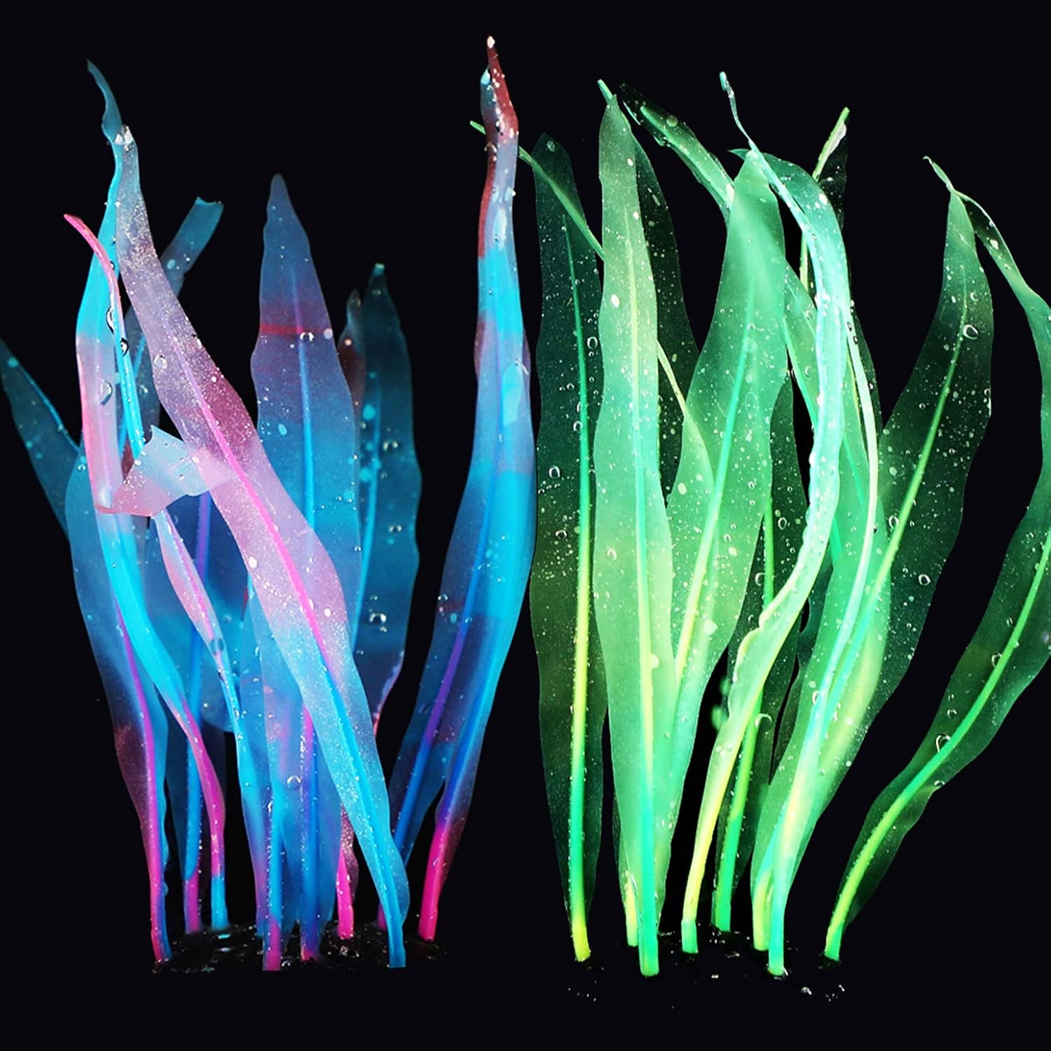 SunKni 2 Pack Glowing Effect Kelp Aquarium Decorations Plants Fish Tank Ornaments Artificial Floating Silicone Décor Landscape 7 Inches Seaweed Colorful (Green + Blue)