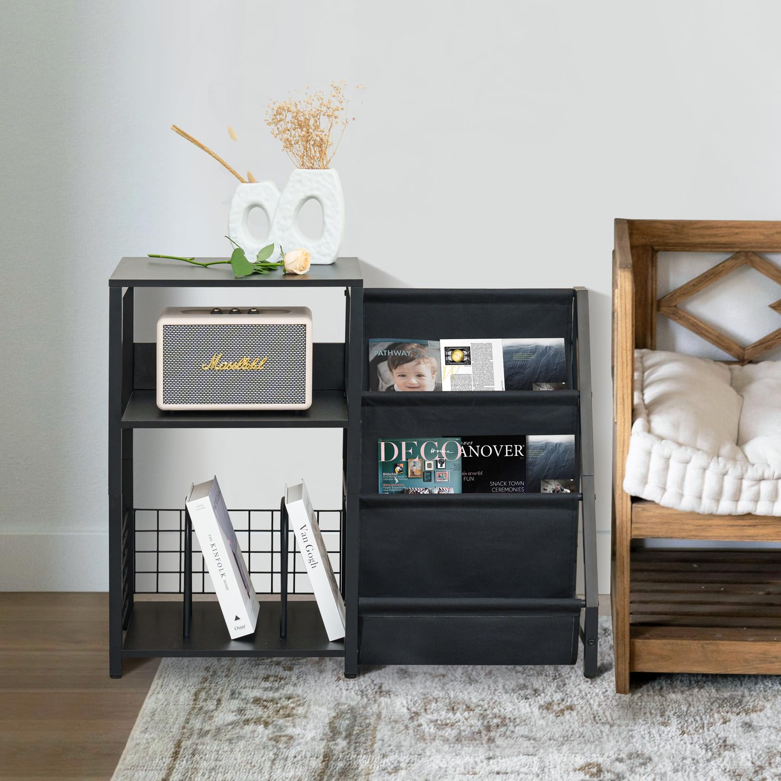 Vinyl Plattenspielerständer, Beistelltisch mit 3-Tier Lagerung für bis zu 200 Alben, Stahlrahmen CD Record Schrank, Plattenspielerständer und Holz Record Regal Schrank für Wohnzimmer, Rec Room