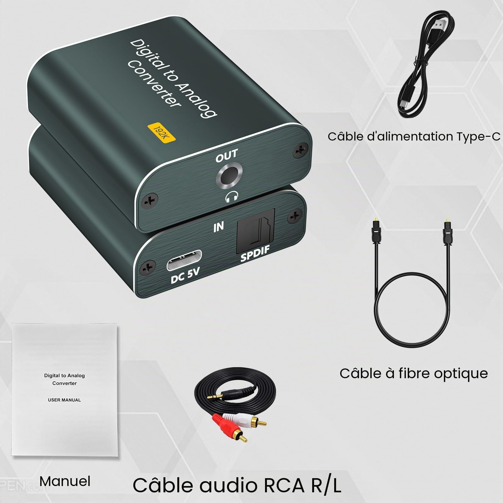Adaptateur Optique Jack DAC Audio Convertisseur 192kHz Optique Numérique vers Analogique 3,5 mm AUX SPDIF