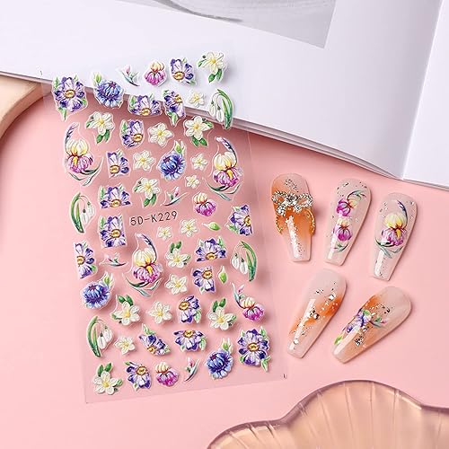 Miniatura 5 de Calcomanías de arte de uñas de flores, holográficas 5D grabadas en 5D, calcomanías autoadhesivas para uñas, mimosa en relieve, mariposa, margarita,