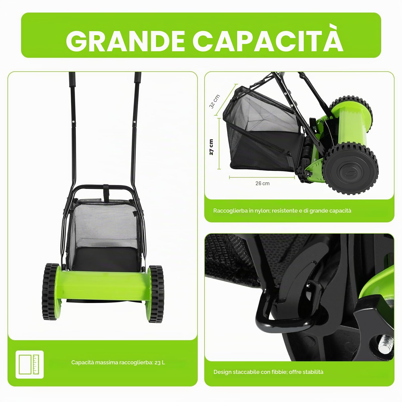Tagliaerba manuale con larghezza di taglio di 300 mm, tosaerba con 5 lame, 23 l, capacità massima di 12-45 mm, altezza di taglio regolabile