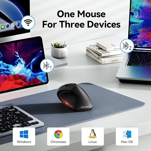 Miniatura 2 de TECKNET Ratón ergonómico, mouse vertical inalámbrico Bluetooth, seguimiento óptico de 4800 DPI, 6 DPI ajustables, clics silenciosos, 2.4 GHz con