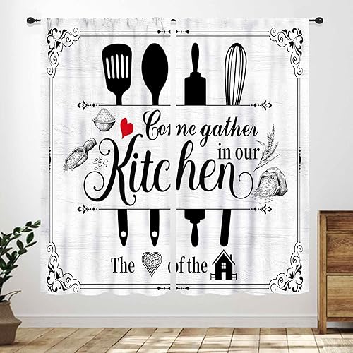 Miniatura 9 de Cortinas Rústicas de Cocina, Tenedor Cuchara Retro Tablón de Madera Granja País Tema de Cocina Citas Divertidas Tratamiento de Ventana para