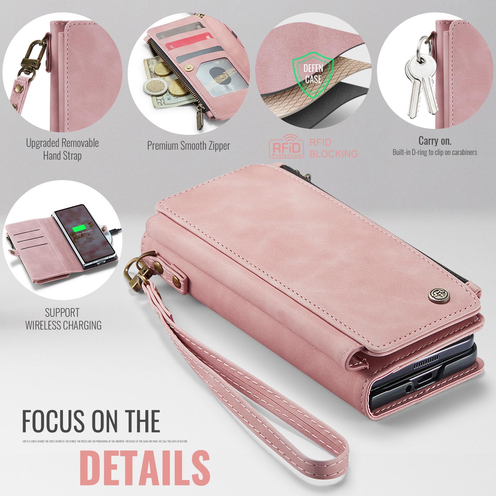 Defencase Funda tipo cartera para Galaxy Z Fold 8 Ultra con tarjetero | Con bolsillo con cremallera RFID, piel sintética suave y duradera, pulsera, fundas con tapa para teléfono con soporte para