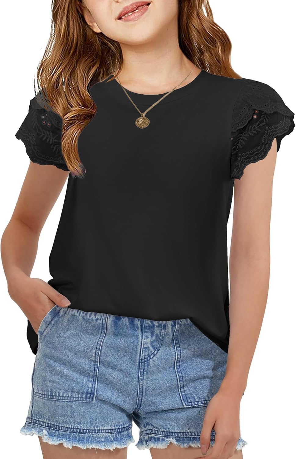 Arshiner Girls T Shirts Lace Petal Short Sleeves Kids Crewneck Casual Blouse Summer Tops Tees