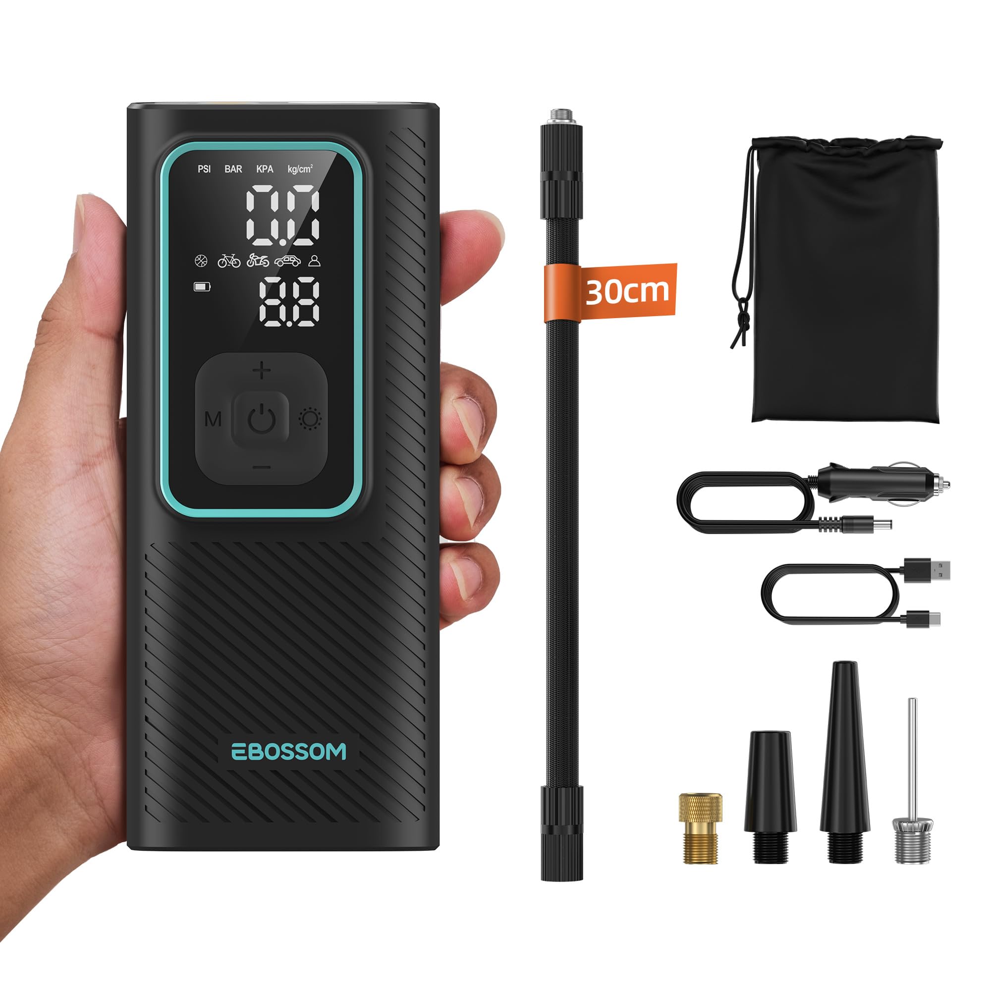Compresor Aire Portátil de 10,3Bar, Inflador Ruedas Coche a Batería 6000 mAh y 12V DC, Mini Inflador Electrico para Auto, Moto, Bicicleta y Pelota, Bomba de Aire con Función de Luz LED, Carga USB-C