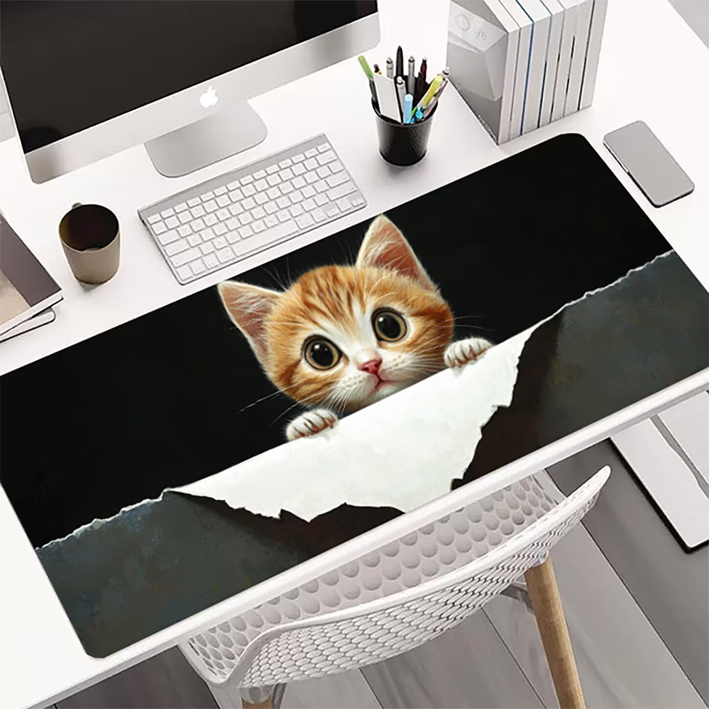 Lpfieonn Katze Schreibtischunterlage XXL, Schwarz Schreibtischunterlagen Großes, Gaming Mousepad XXL mit ernähter Rand und Rutschfeste Gummibasis, Desk Mat für PC/Laptop/Mausa 120x60cm PF-2034