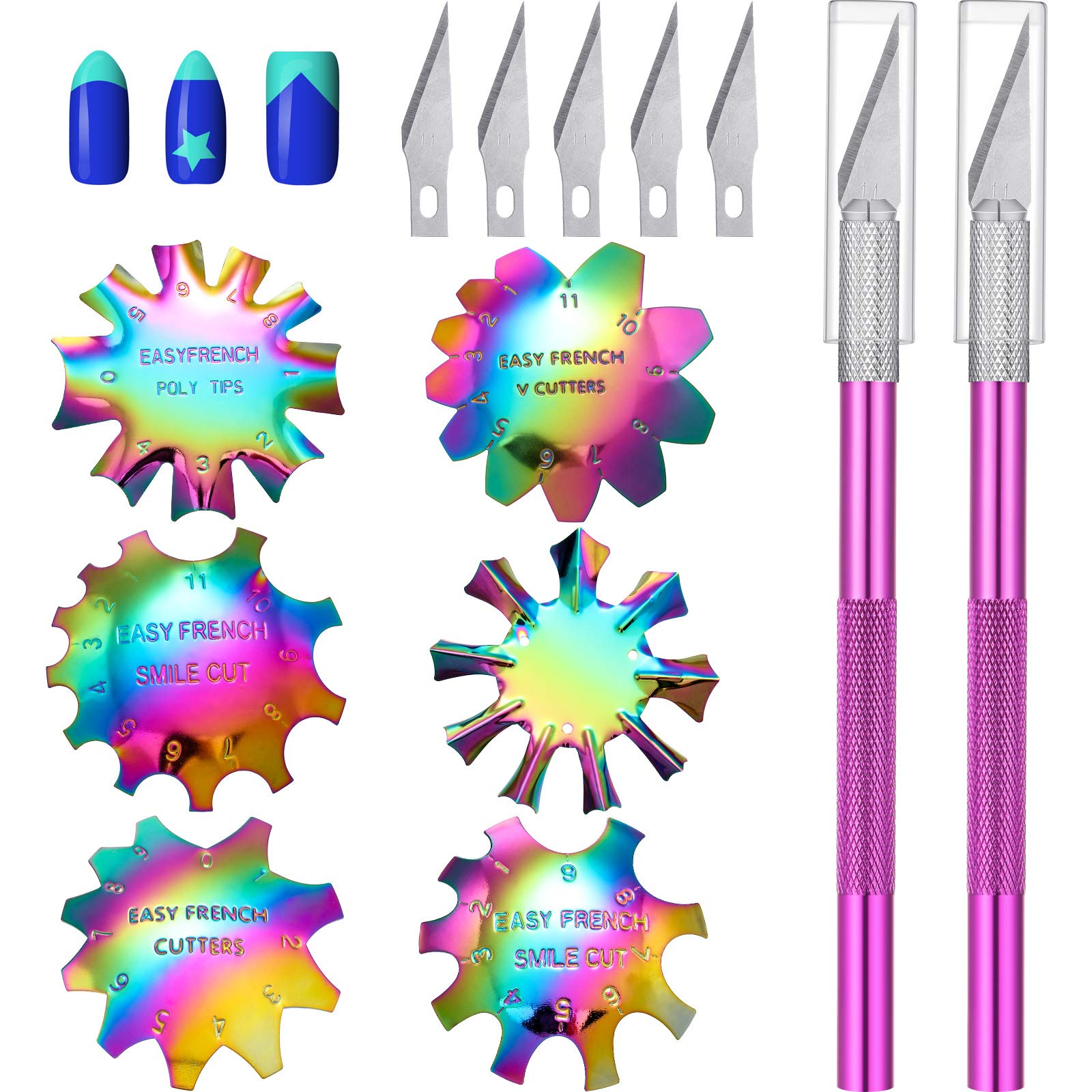 Photo 1 of 13 Pcs Acrylic Nail French Tip Tool, 6 French Tip Cutter Stainless Steel Smile Line Cutter Manicure Edge Trimmer DIY Plate Module with 2 Nail Cutting Knife and 5 Spare Blade(Colorful)