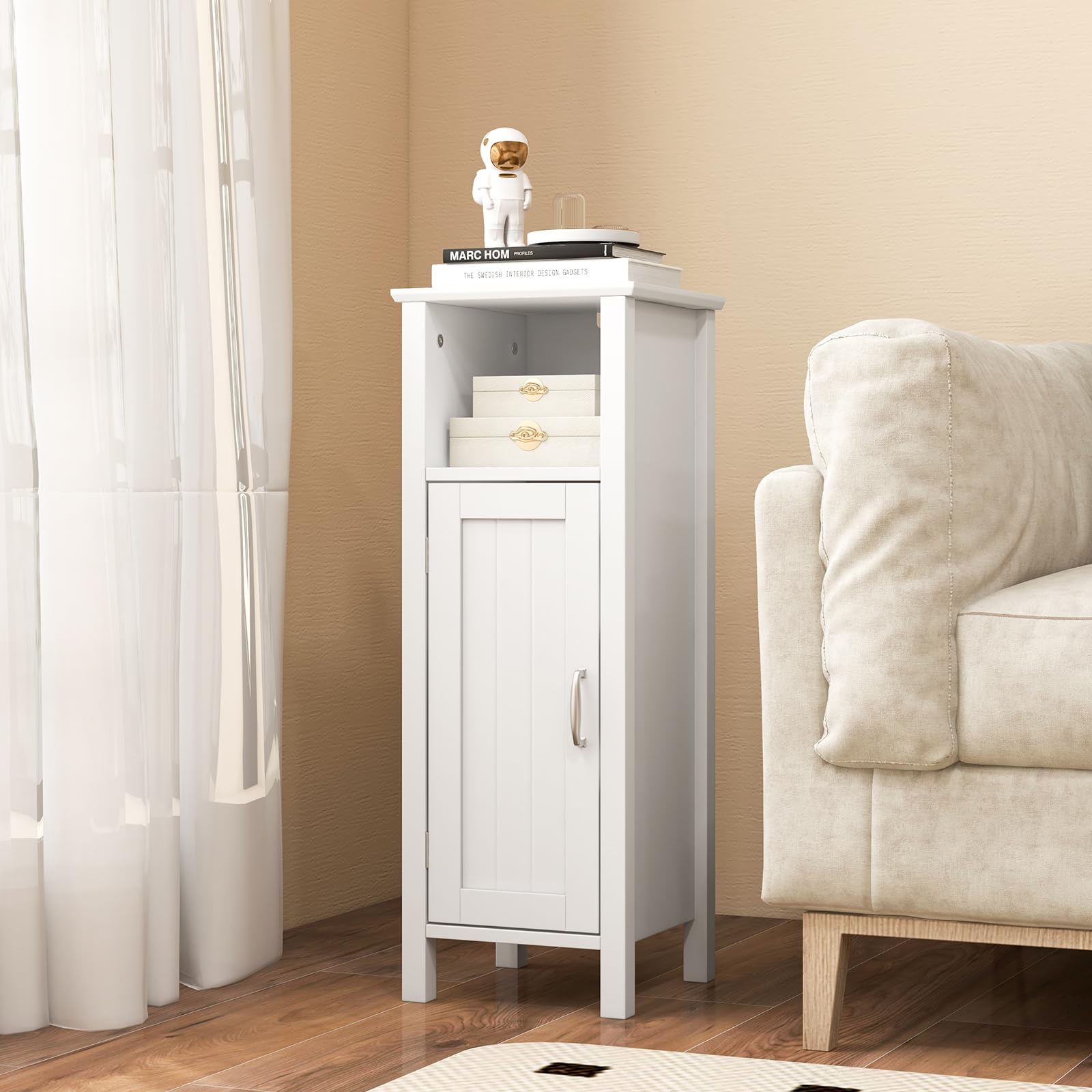 LIFEZEAL Armario de baño, 30 x 30 x 80 cm, Armario de Suelo Independiente con una Puerta y Compartimento Abierto, Estante Ajustable, Mueble de Esquina para baño, salón (Blanco)