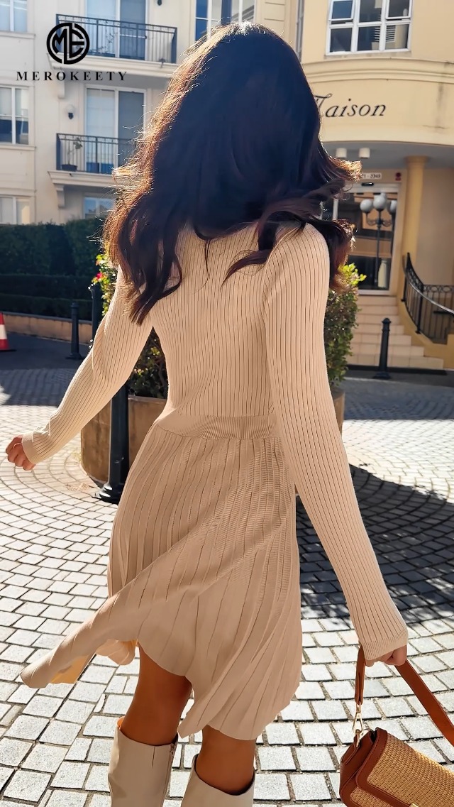 MEROKEETY Women's 2025 Long Sleeve Mini Sweater Dress Crewneck Ribbed Knit  A Line Pleated Swing Short Dresses, Apricot, Small at Amazon Women's  Clothing store