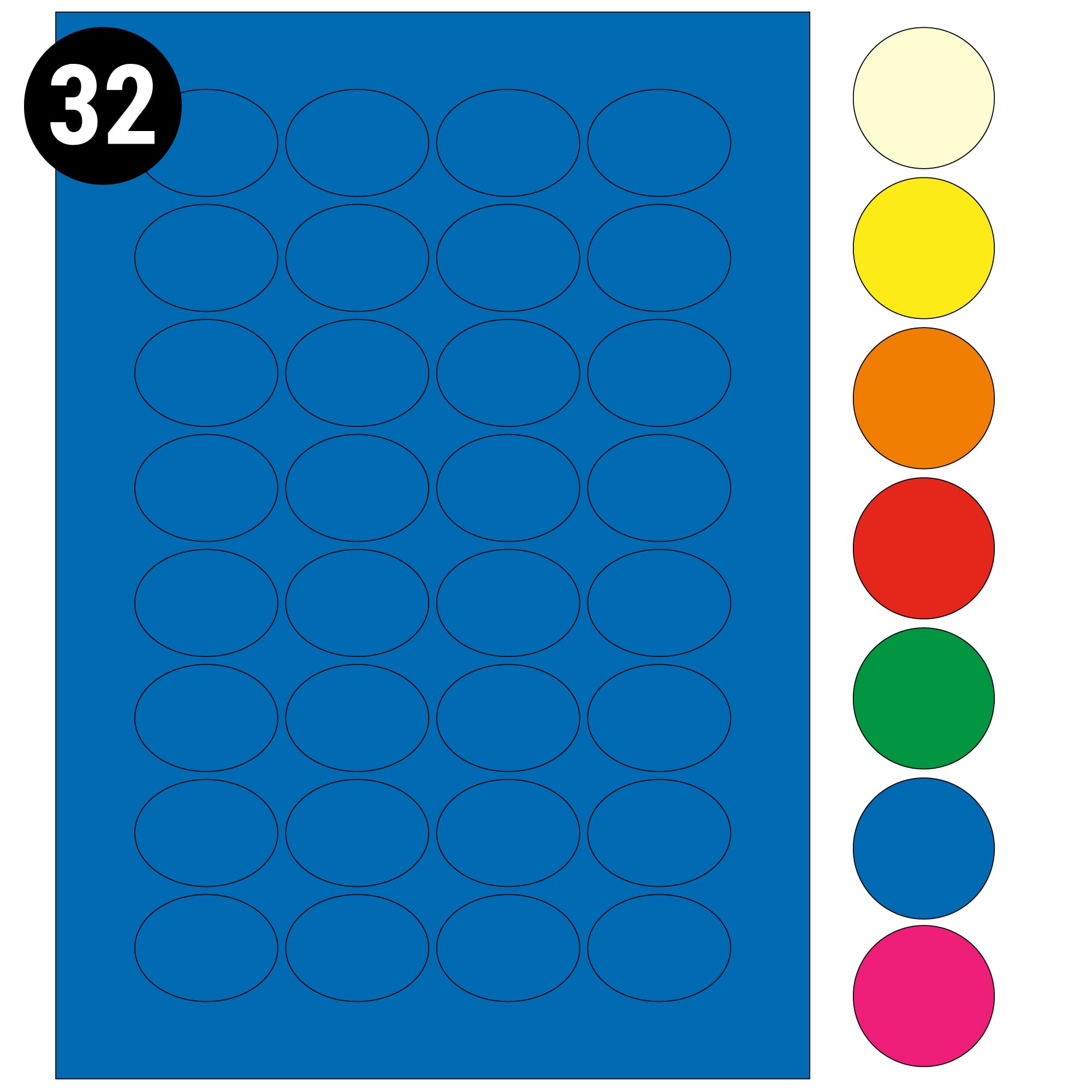 L&B Colour Range - Oval Labels – 3 Sizes & 7 Vibrant Colors – A4 Sheet – Compatible with Laser & Inkjet Printers (Blue, 32 Labels Per Sheet - 250 Sheets)