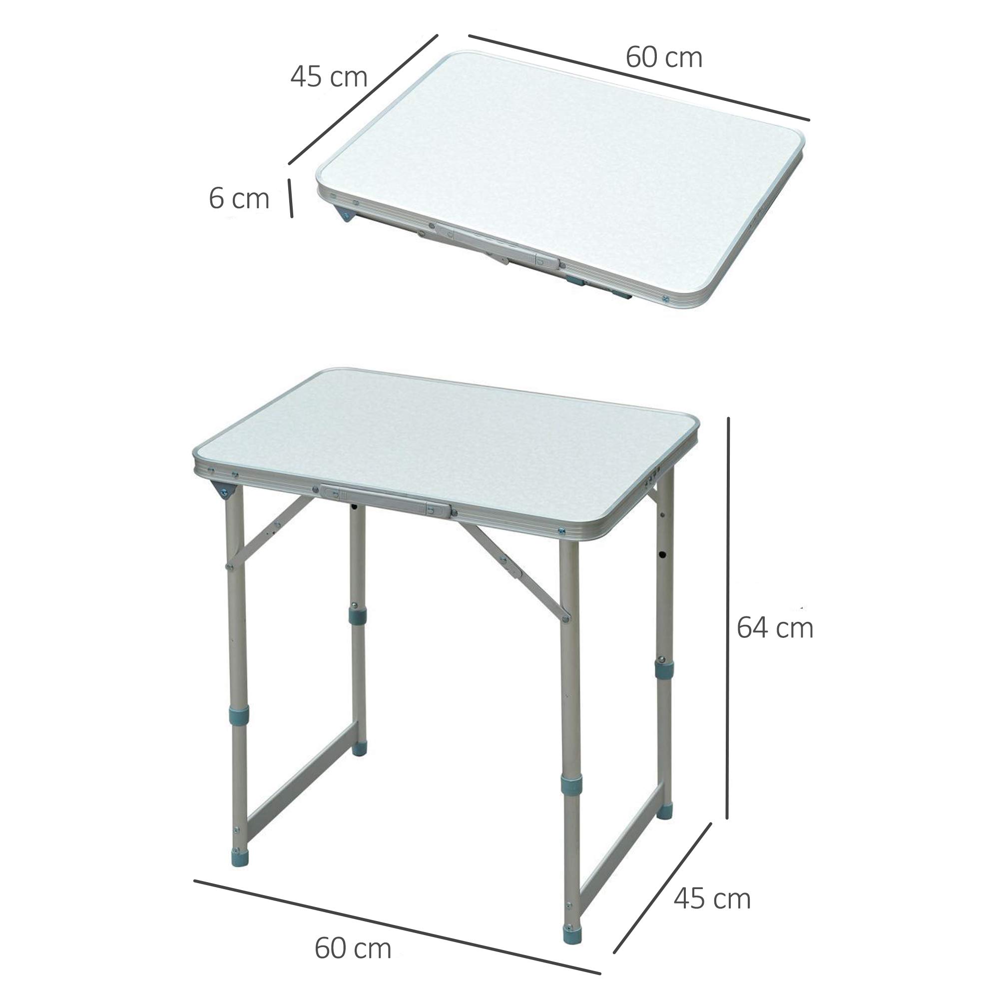 Outsunny Mesa de Camping Plegable Mesa Plegable Portátil Multifuncional con Altura Ajustable en 2 Niveles Marco de Aluminio para Jardín Balcón Patio Exterior 60x45x64 cm Blanco