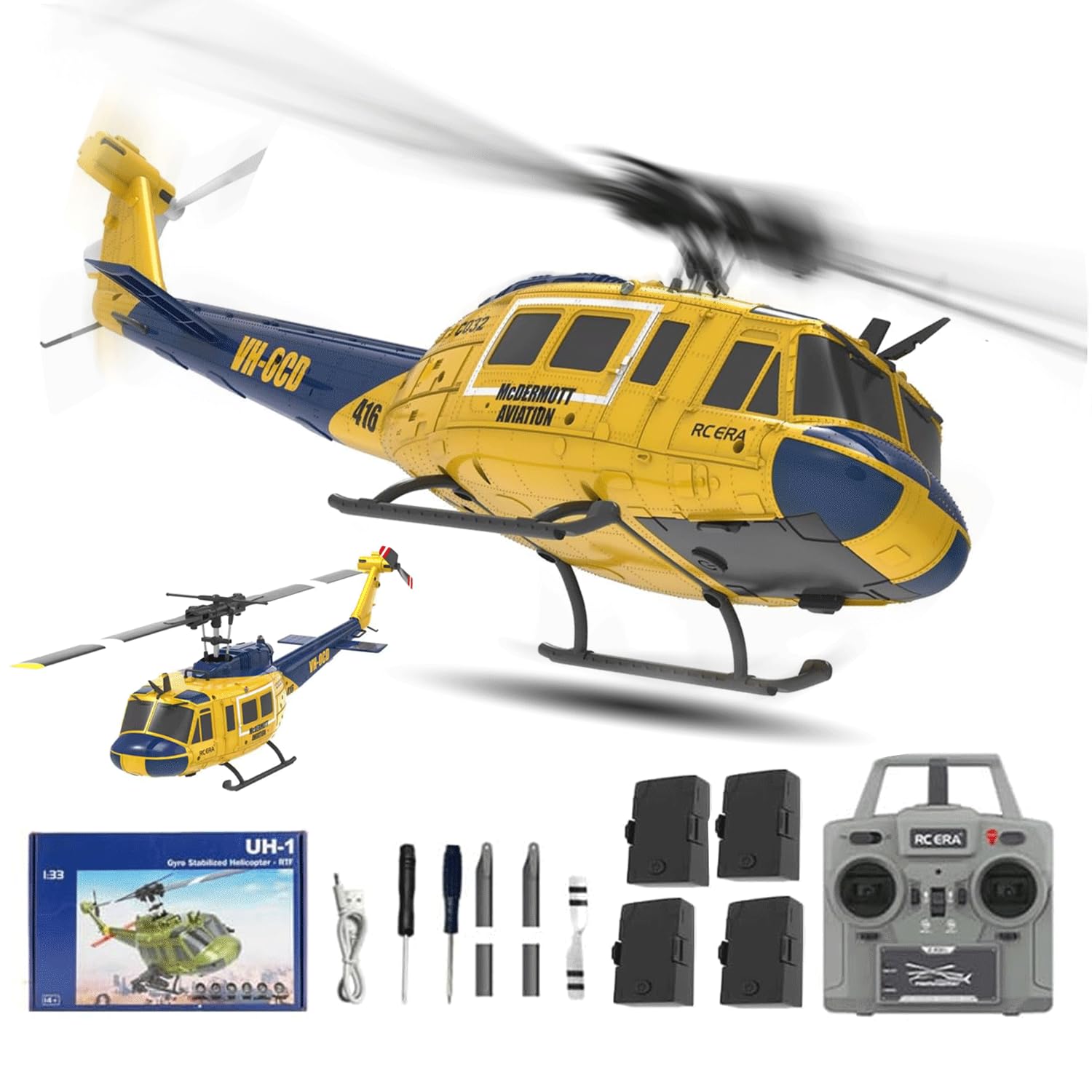 NULA RC ERA C032 UH-1 Huey RC elicottero, scala 1/48 6CH, 2,4G 6 assi giroscopio aereo militare telecomandato con ritiro 3D altezza per adulti principianti (RTF/4 batteria)