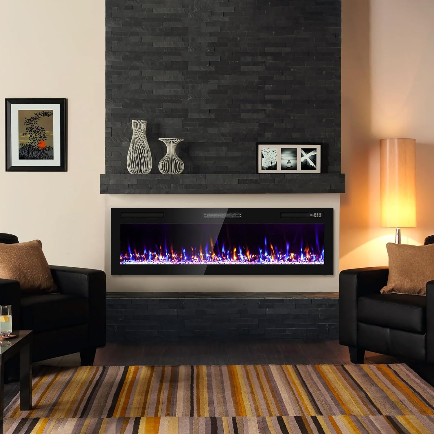2025Newly Upgraged 60 inch Ultra Thin Electric Fireplace Inserts and Wall Mounted with Remote Control & Touch Screen 1500W Fireplace Heater with Timer