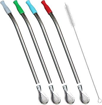 Reusable Bombilla Yerba Mate Straw - Stainless Steel Removable Spoon Style Filter with Soft Silicone Tip - Metal Straw for Drinking Loose Leaf Tea, Coffee - Includes Cleaning Brush by Beruth