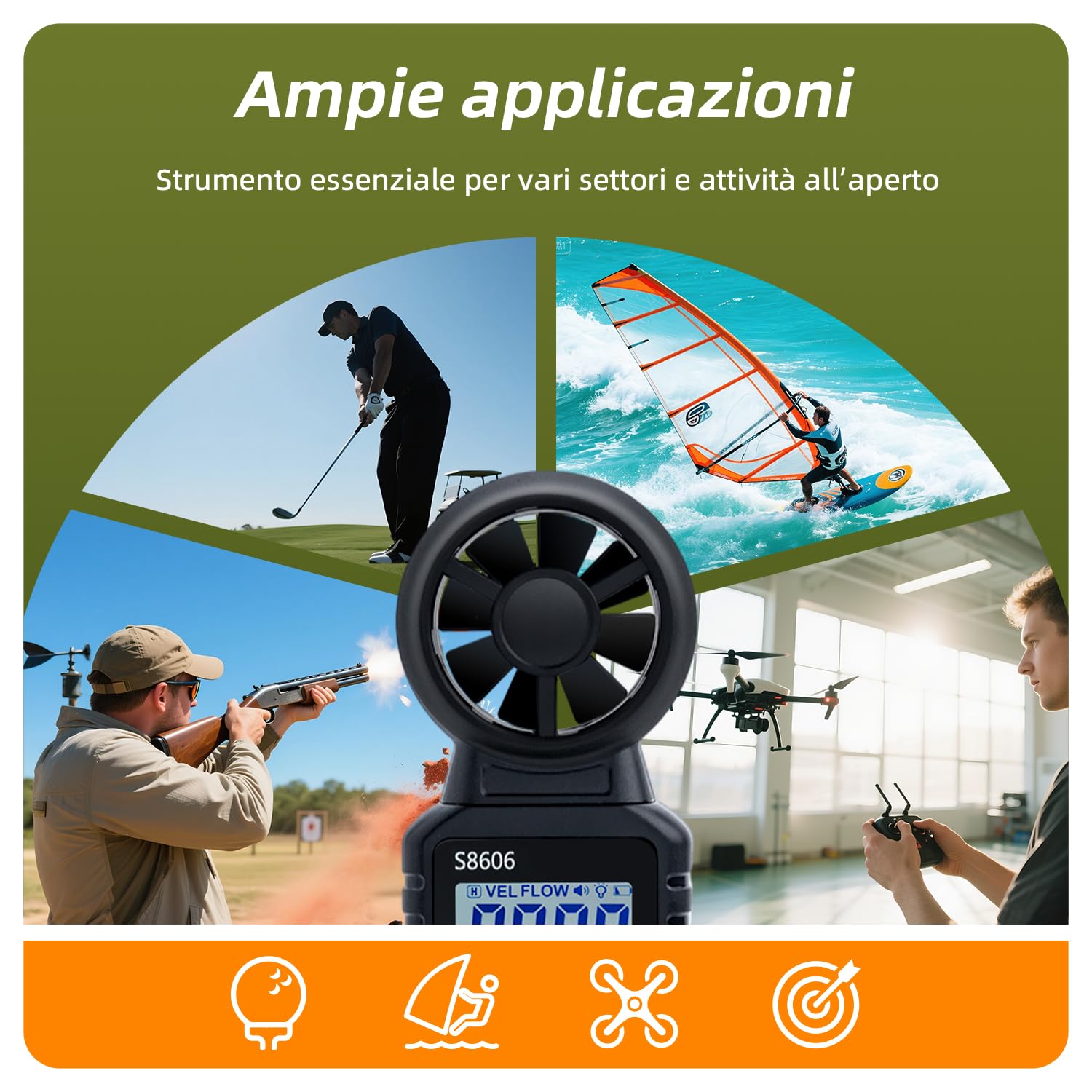 Anemometro Portatile 3 in 1 Misuratore di Velocità del Vento per Esterni Nela Surf Volo