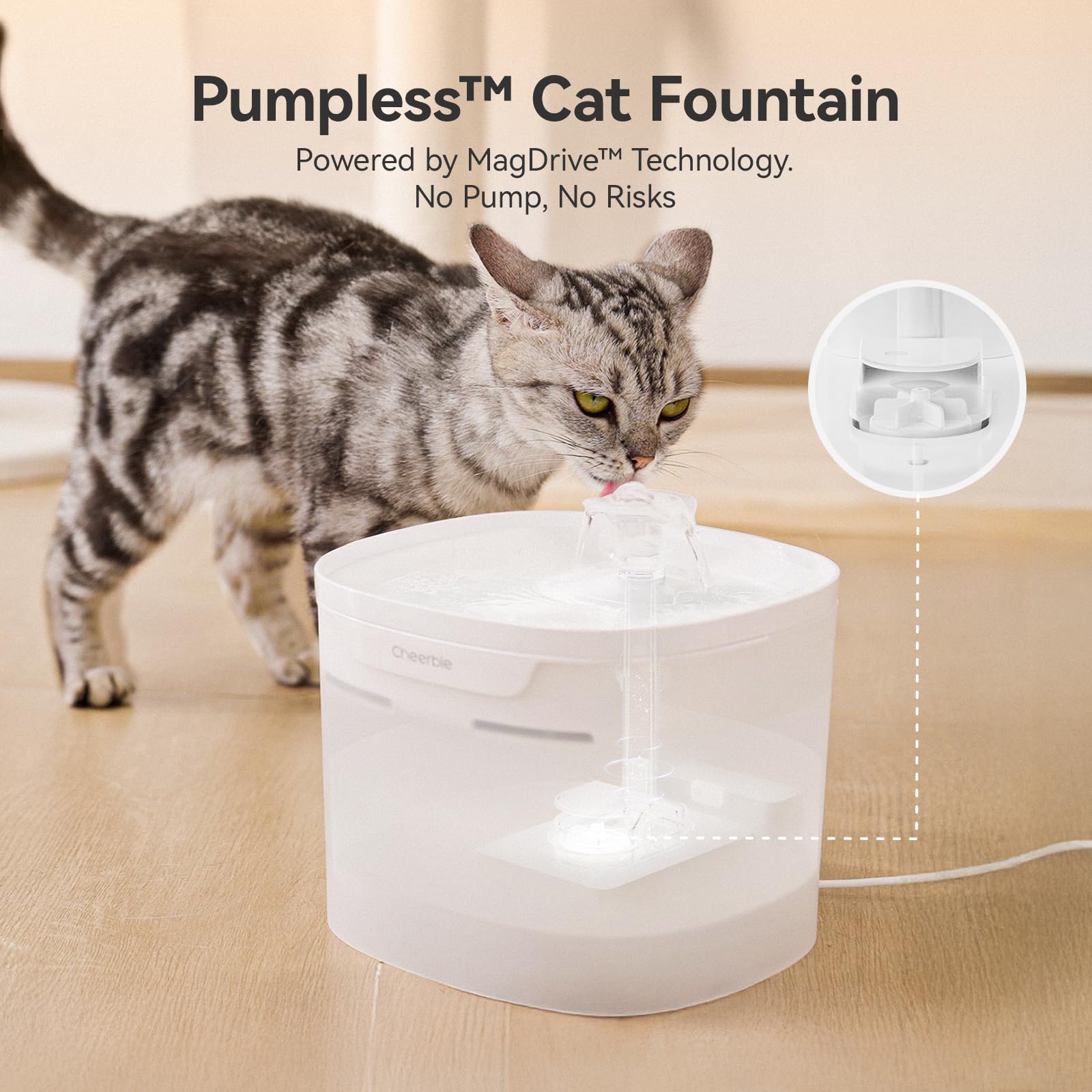 Cheerble Pumpless Cat Water Fountain for Drinking, Elfin E1 Lite, 2L Ultra Quiet Cat Fountain - Image 2