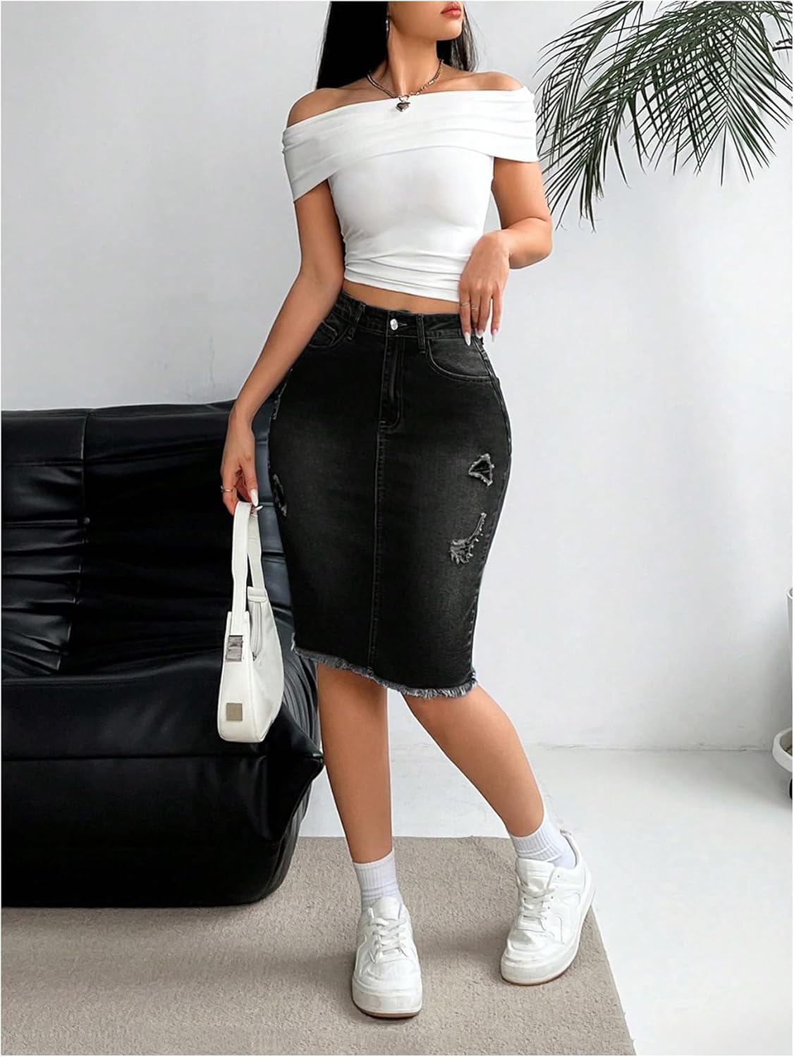 WDIRARA Women's Denim Pencil Skirt High Waisted Ripped Raw Hem Knee Length Stretch Bodycon Skirt