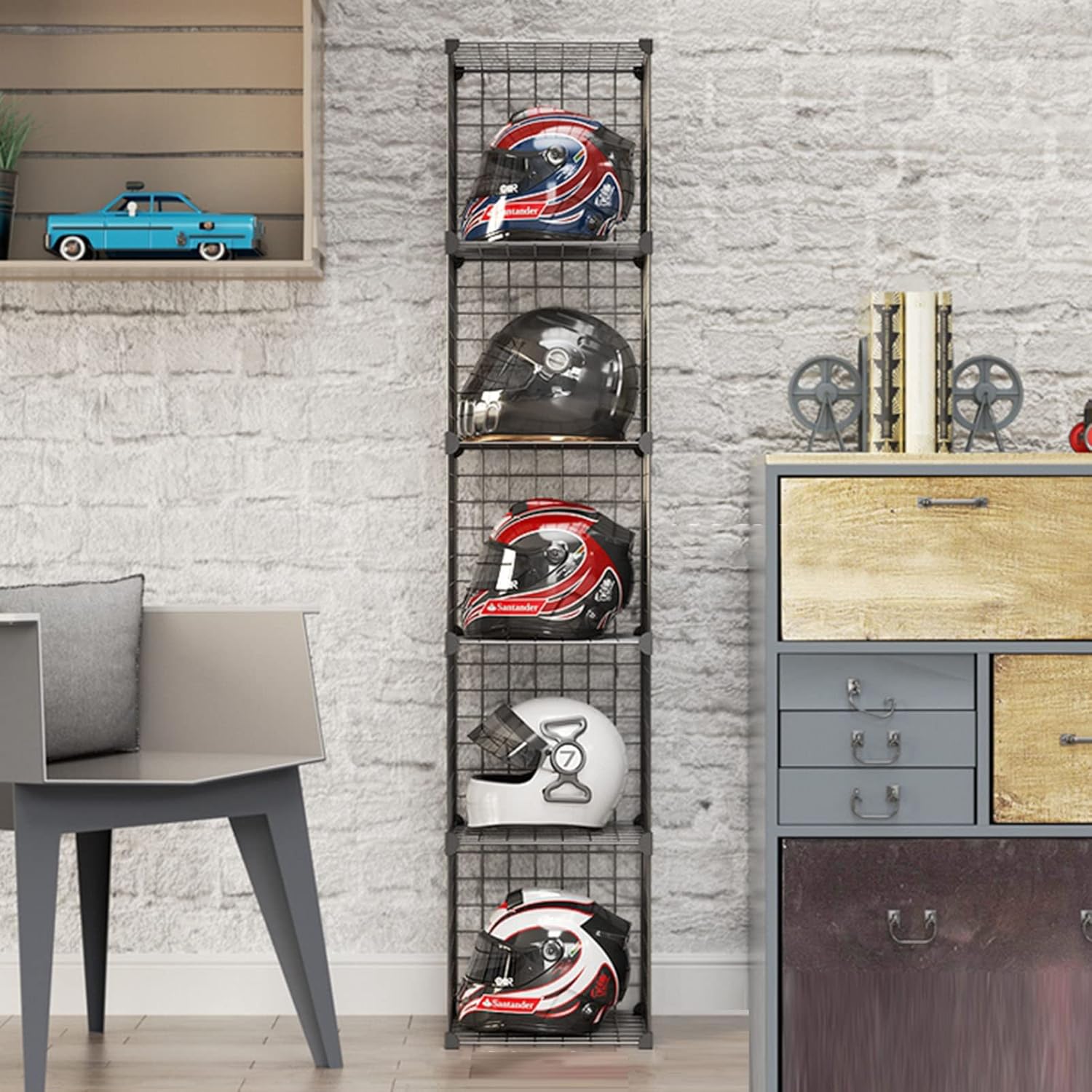 Solid Motorcycle Helmet Rack Stand Hat Display Case, Floor-Standing Cube Closet Organizers and Storage, Retail Hard hat Baseball Hats Display Stand,Stackable Modular Shelves Wire Metal Grids Bookshelf