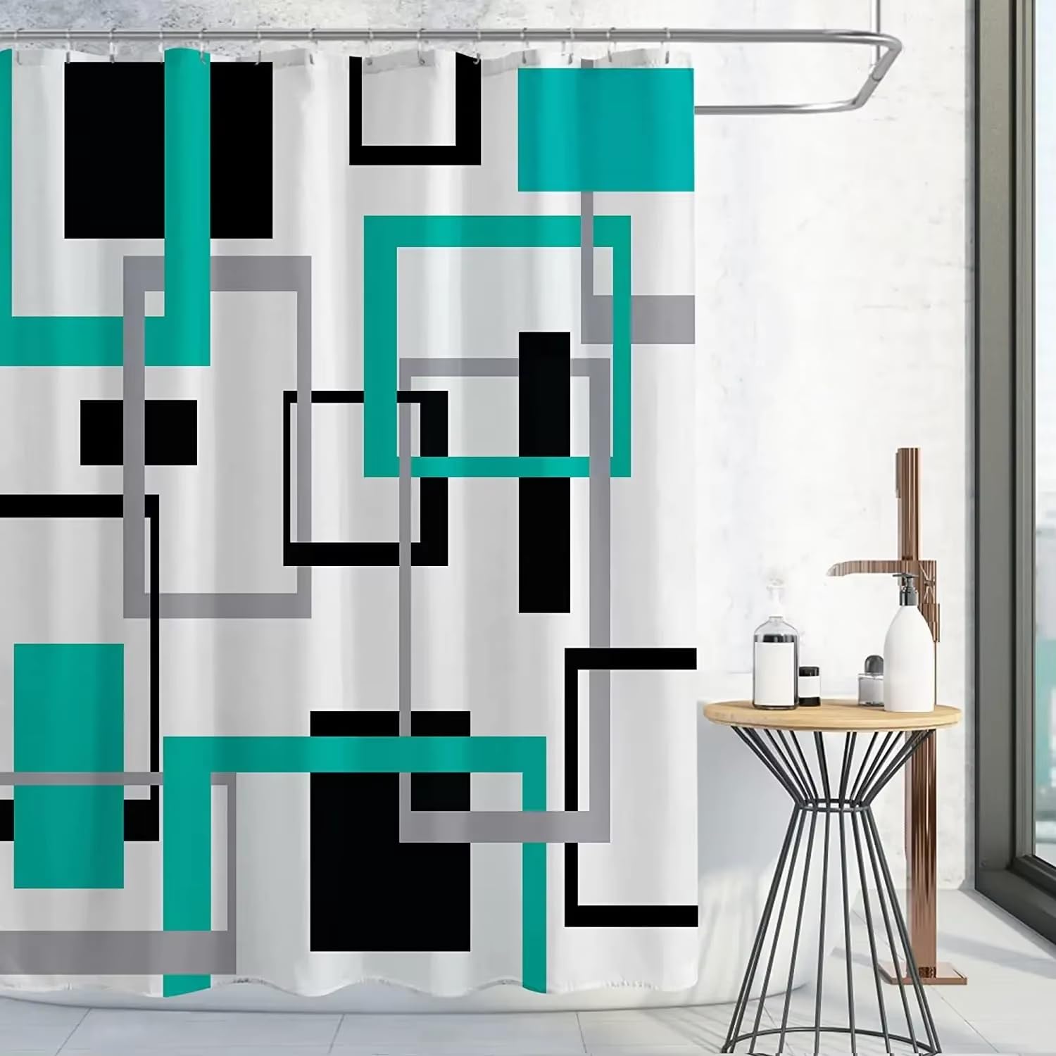 KELAIMI Mid-Century Modern Abstract Geometric Shower Curtain - Modern Simple Waterproof Bathroom Curtain - Quick-Drying Polyester Bathtub Curtain with Hooks Teal 180X180Cm