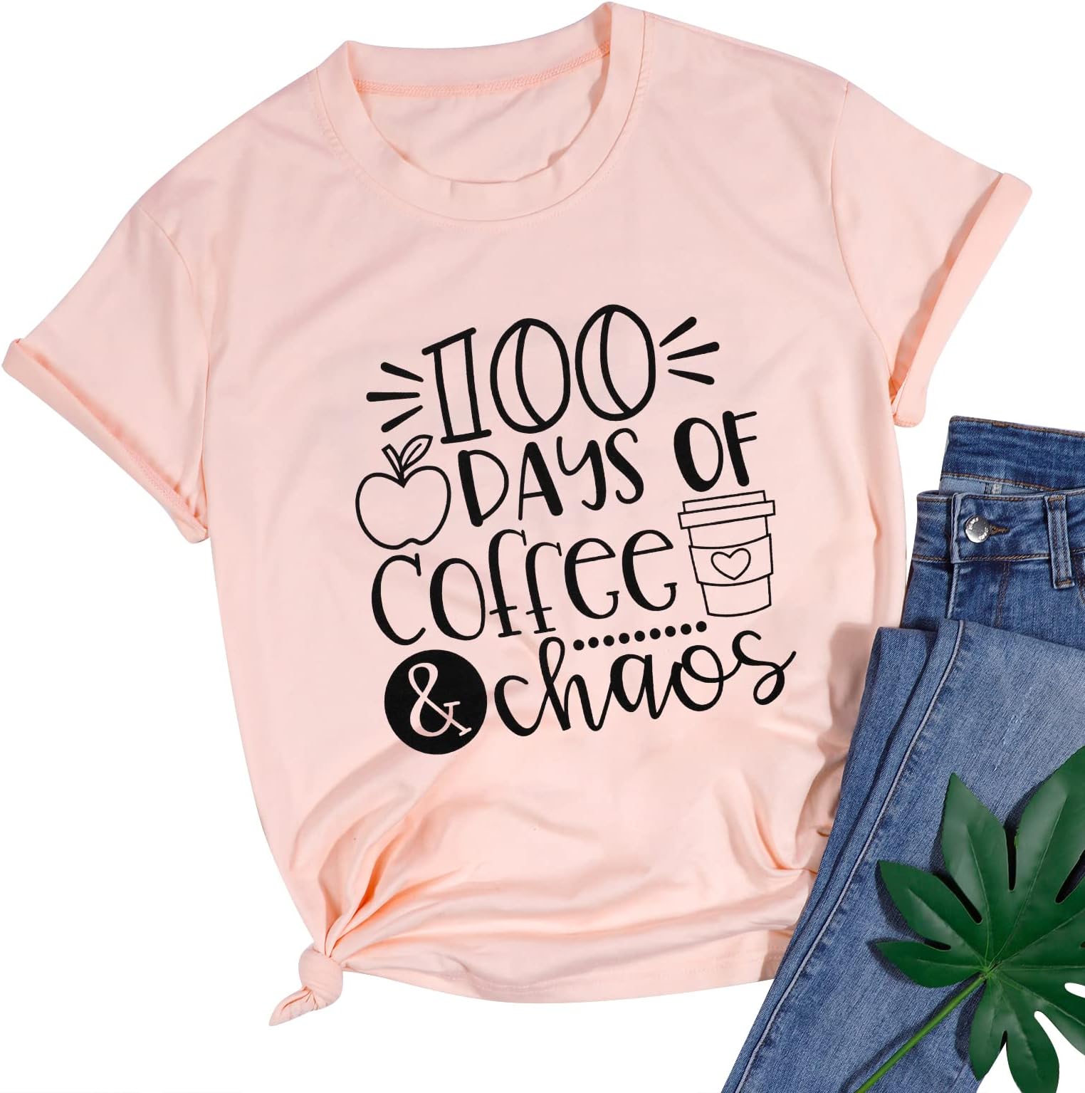 100 Days of School Shirt Women Coffee and Chaos Graphic Tees Funny Letter Print Short Sleeve Top Teacher Gifts