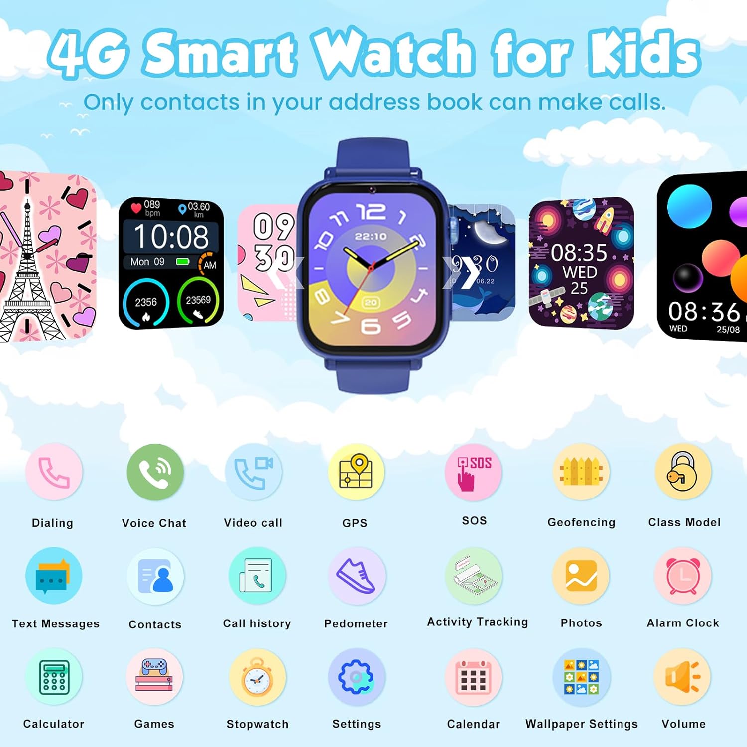 MOKAST 4G Kids Smart Watch for Boys Girls, Kid Watch Phone Ages 4-12 with Call, GPS, SOS, Video Call, Games, Camera, Alarm, Touchscreen Smartwatch for Children Birthday Gift (Includes SIM Card), Blue