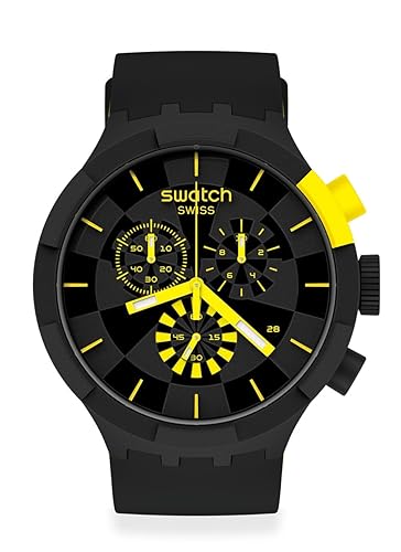 Swatch Big Bold Chrono Unisex Watch Casual Polymer Black Automatic Waterproof Checkpoint Yellow