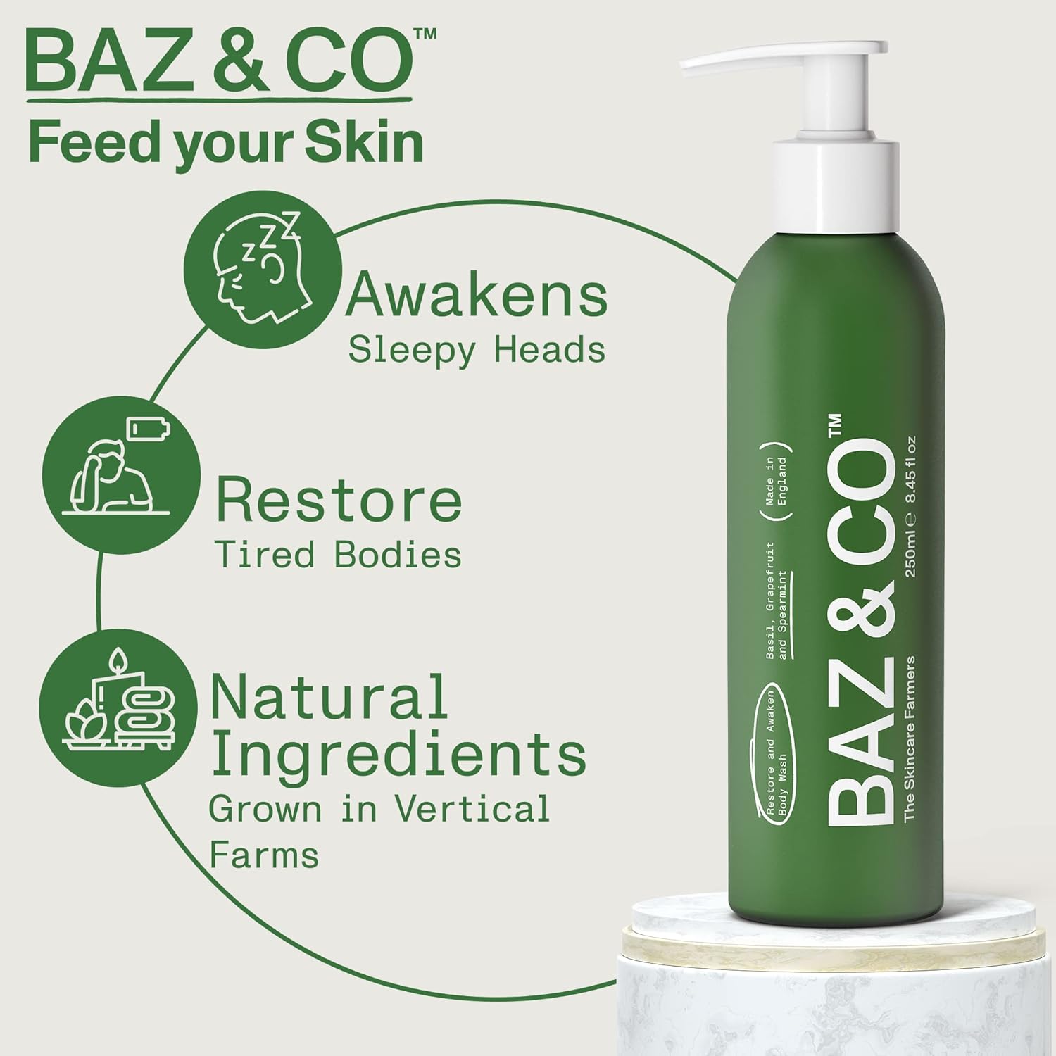 BAZ & CO Mens Moisturizing Body Wash - Restore and Awaken Body Wash for Men 8.45 Fl Oz with Basil, Grapefruit and Spearmint