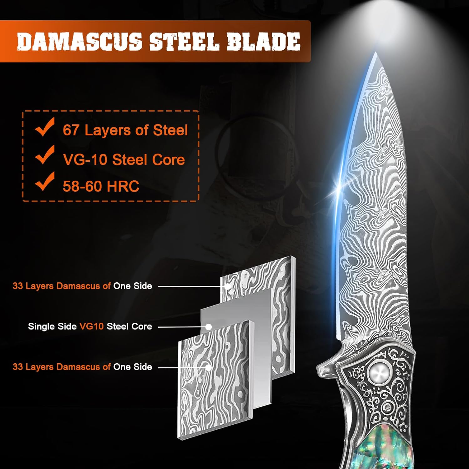 Zingbee Damascus Pocket Knife For Men, Folding Knife With Clip & 3.54" VG10 Damascus Steel Blade, EDC Folding Pocket Knife For Hunting Camping, Gift for Christmas Birthday