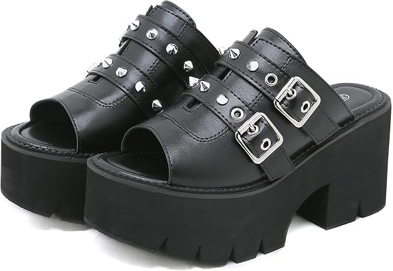 Womens Black Punk Platform Heel Mules Slip On Round Peep Toe Flatform Buckle Rivet Gothic Sandals