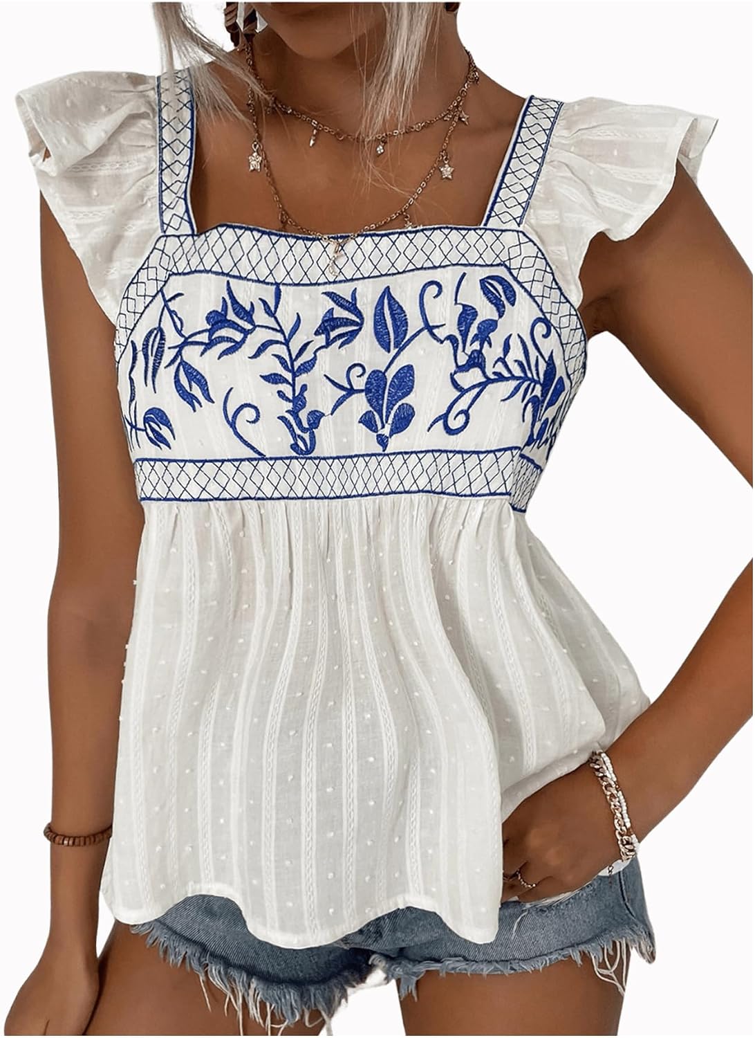 SweatyRocks Women's Floral Embroidery Ruffle Cap Sleeve Top Tie Back Flared Blouse Shirt