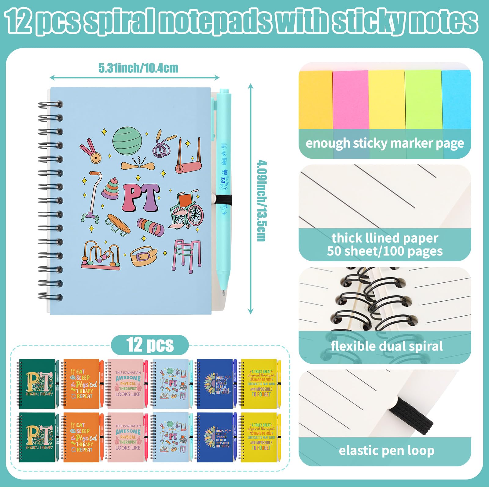 Vesici Lot de 12 carnets à spirales multicolores inspirants avec stylo pour kinésithérapeute, cadeau pour infirmière, collègue, personnel médical, fournitures de bureau