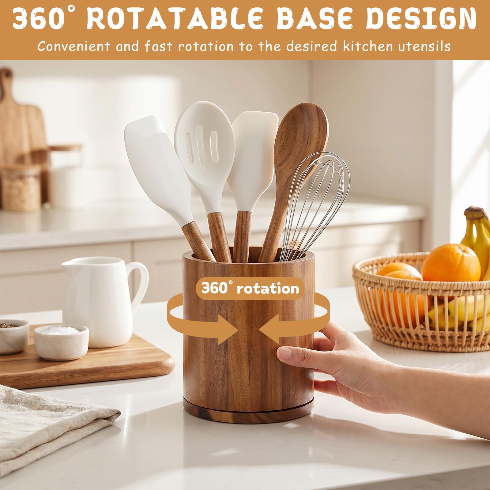 Portautensili da Cucina in Bambù Girevole 360°, 18.5×15.5×15.5cm, Impermeabile, Portautensili per Utensili da Cucina con Spazio 10-15 Utensili per Bancone da Cucina.