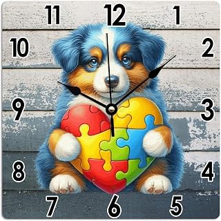 10x10in Australian Shepherd PVC Clocks Australian Shepherd Dog with Autism Puzzle Heart Decorative Wall Clock Battery Operated Silent Pet Memorial for Bathroom Bedroom