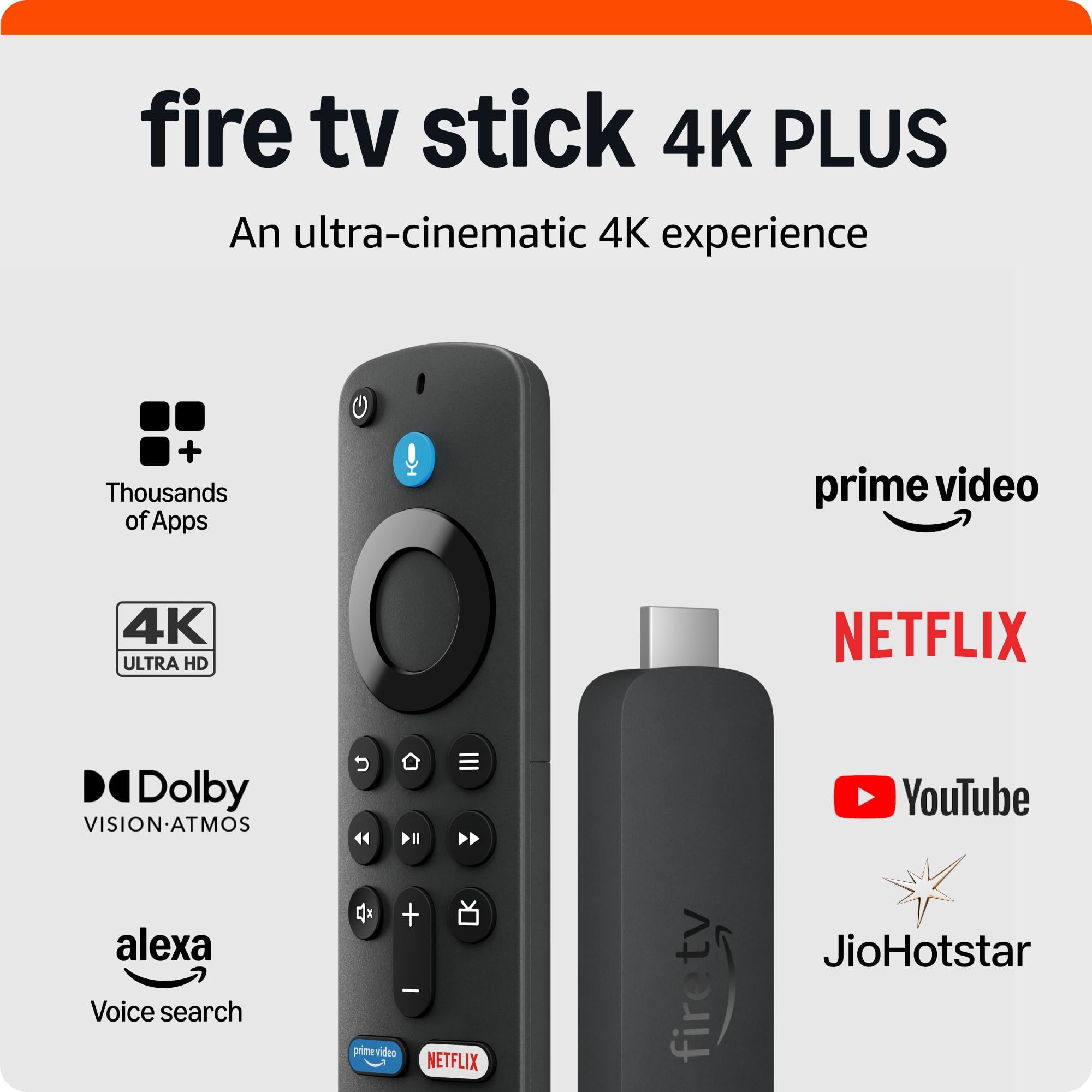 Amazon Fire TV Stick 4K Plus (newest model), Alexa Voice Search, Cinematic 4K streaming with HDR10+, Wi-Fi 6, Dolby Vision/Atmos