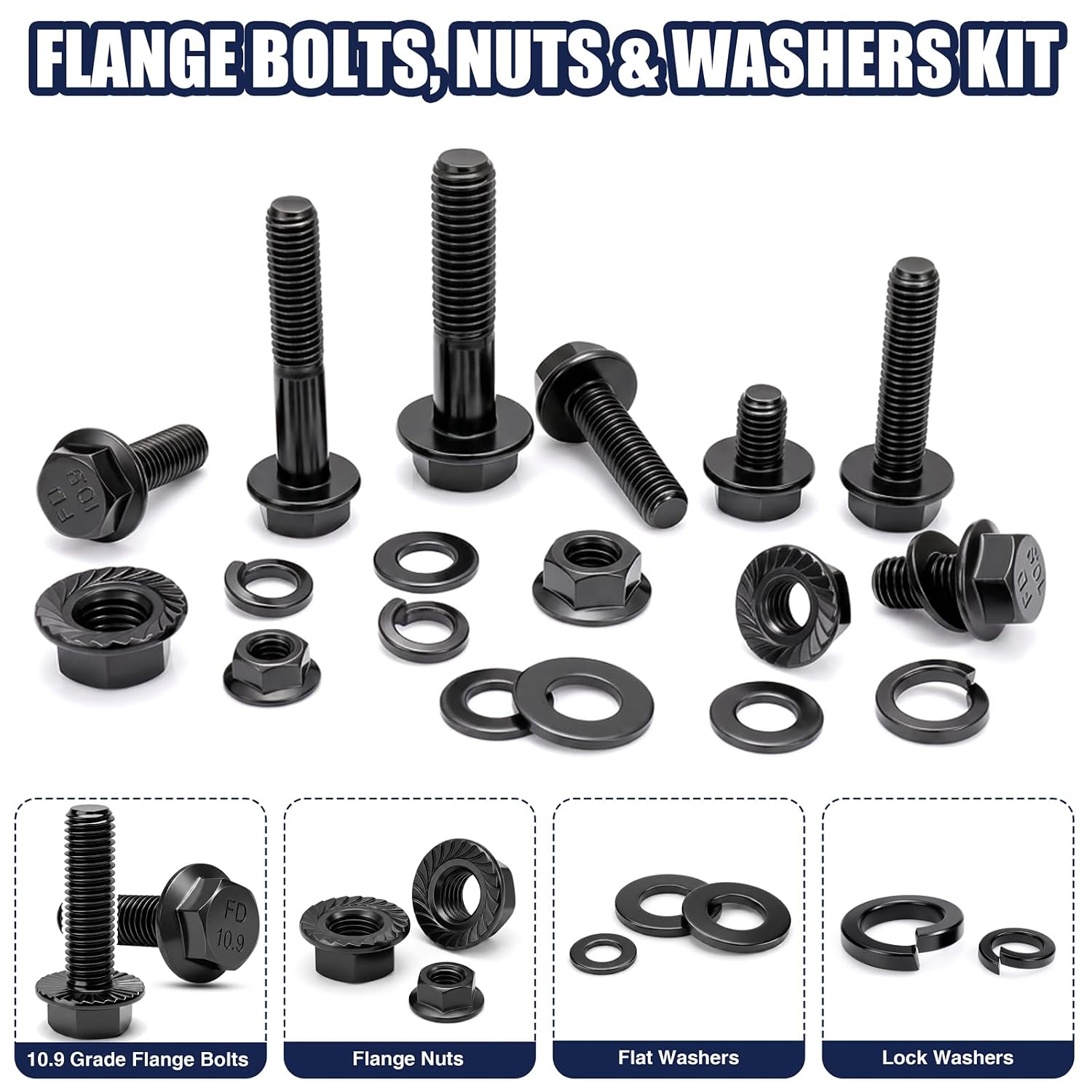 Metric Flange Bolt Assortment Kit, Grade 10.9 Alloy Steel, 500Pcs