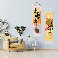 Vista 2 de AHANDMAKER 2 piezas de tapiz bohemio con plantas, hojas de plantas rosas y amarillas, tapiz vertical para colgar en la pared, estética botánica