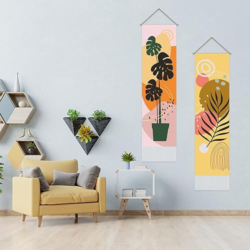 Miniatura 2 de AHANDMAKER 2 piezas de tapiz bohemio con plantas, hojas de plantas rosas y amarillas, tapiz vertical para colgar en la pared, estética botánica