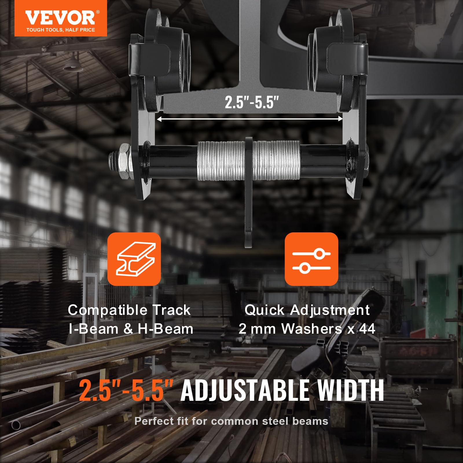 VEVOR Carrello di Sollevamento Capacità di Carico max. 0,5 T, Carrello con Trave di Spinta Larghezza Regolabile 63,5-139,7 mm, Carrello di Sollevamento per Garage Officina in Acciaio Legato Travi I