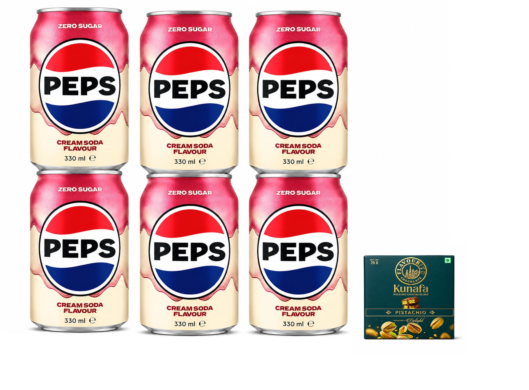 Pepsi Zero Sugar Cream Soda Flavour Carbonated Soft Drink, 330ml Each | Rich Cream Soda Taste | Sugar-Free Refreshing Beverage | (Pack of 6 Cans),Get Free Flavourito Kunafa Pistachio Chocolate Bar, 20g By Decadent Foods,(Imported-USA)-picture-11