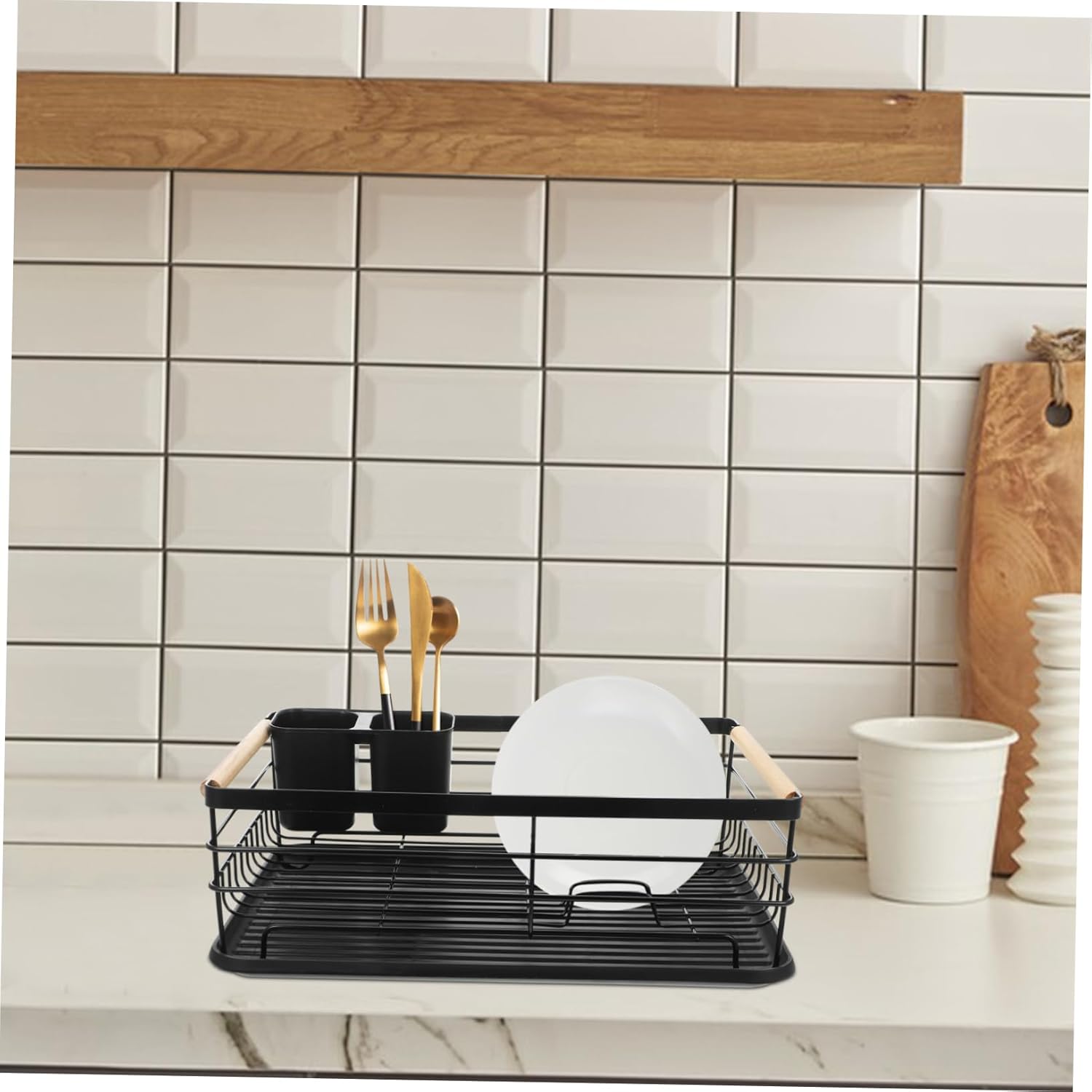 Cabilock Dish Rack with Cutlery Holder Multi-Functional Kitchen Countertop Drying Rack Sturdy and Practical Design Keeps Dishes Clean and Dry for Home Use Black Iron Construction