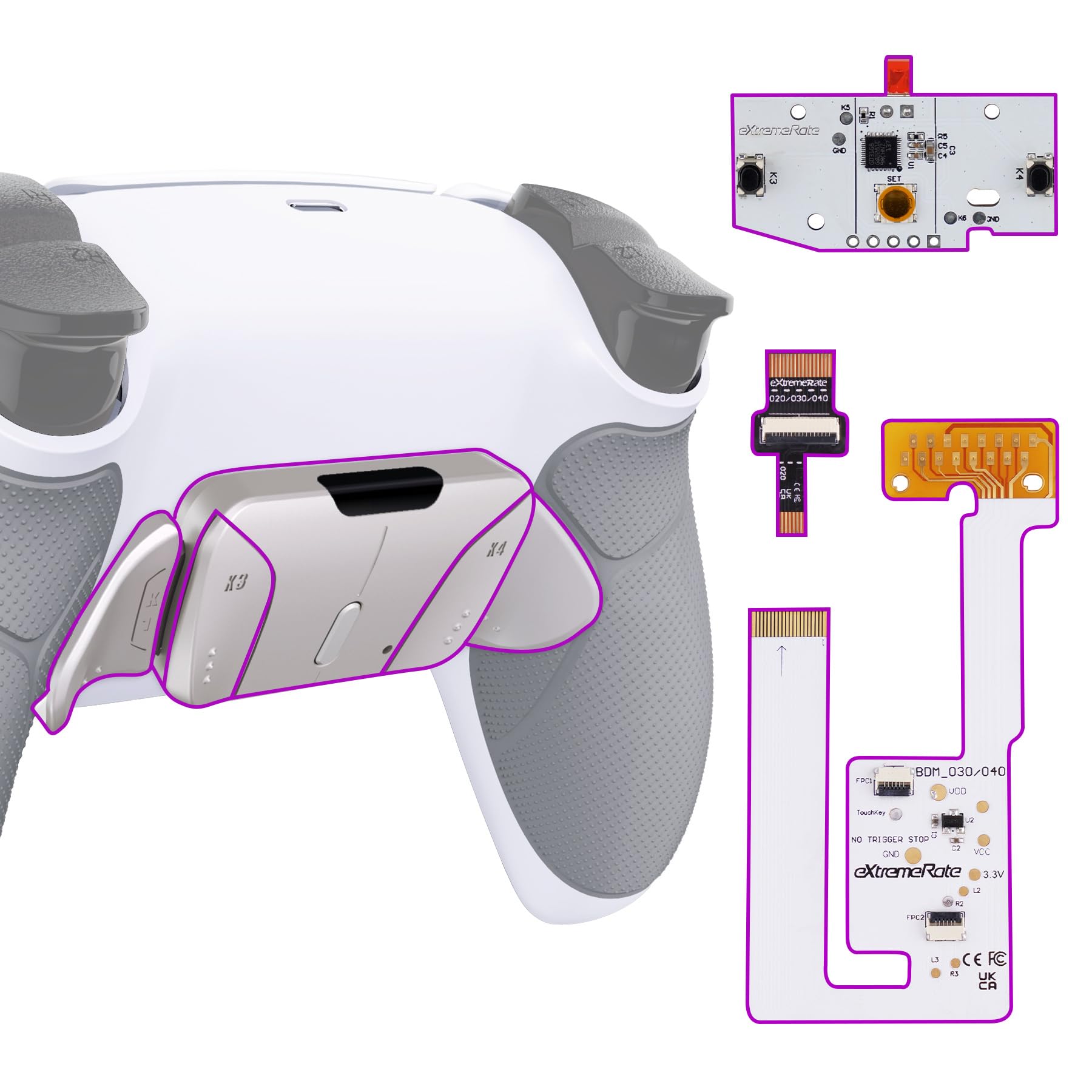 eXtremeRate 4 Palette Metallo per ps5 Controller BDM-030/040/050,Back Button Paddles per ps5 Joystick,Rise4 V3 Remap Kit Programmabile Tasti Aggiuntivi Cover Grip Gommato-Bianco Grigio