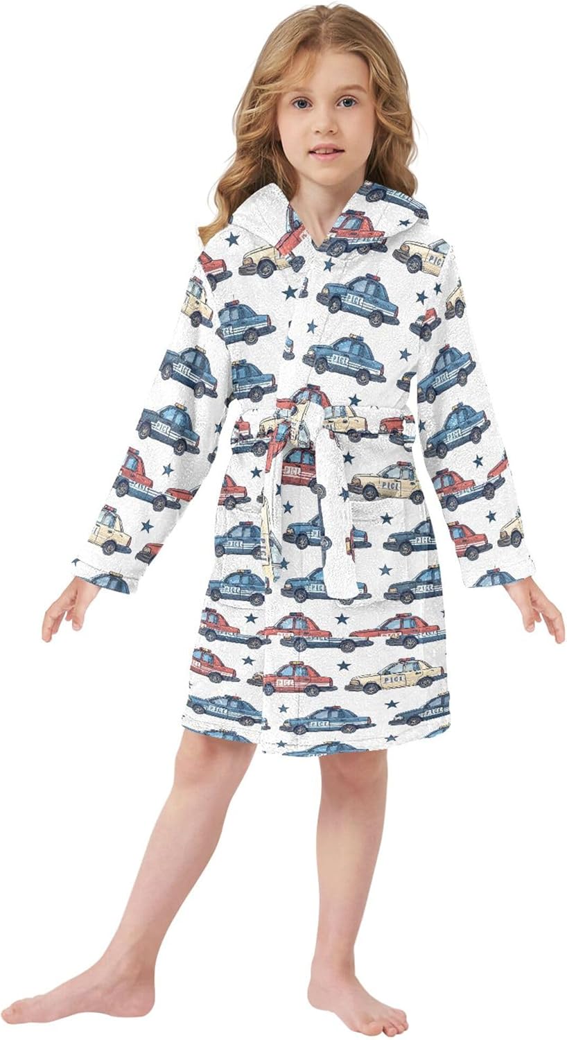 Police Car Stars Bathrobe Hooded PJ Robe Plush Fleece Robe Pajama Sleepwear 2-12 Years