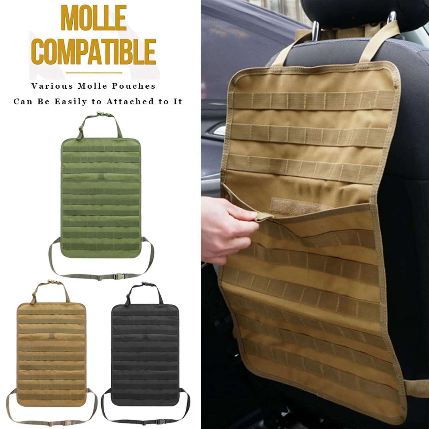 Molle - Organizador de respaldo de asiento, bolsa organizadora universal táctica para asiento trasero de coche con 5 bolsas desmontables para coche, camión, vehículo Jeep (negro)