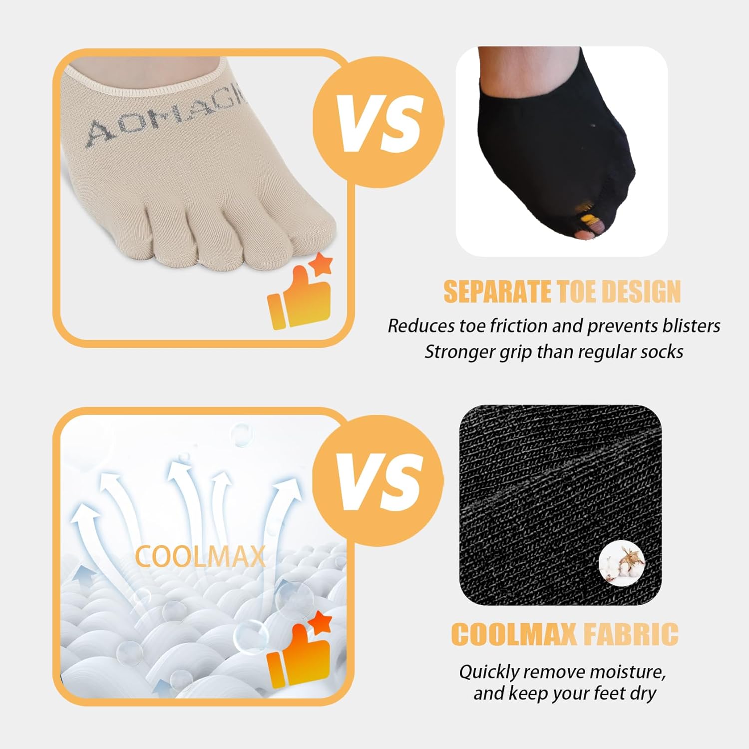 Toe Socks Women Low Cut No Show Socks Non-Slip Invisible Ankle Sock Liner Five Finger Sock (3 Pack)
