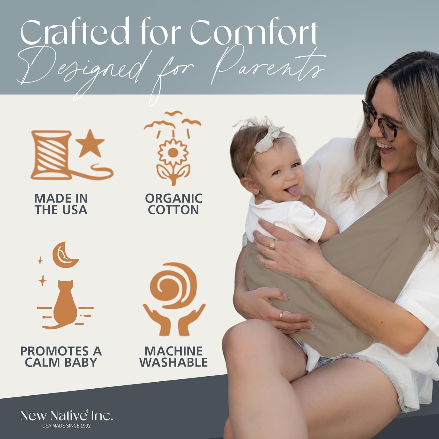 New Native® Baby Wrap Carrier - Soft, Breathable 100% Organic Cotton Hands-Free Sling for Babies, No Buckles, Straps or Rings, Easy to Use, Compact and Portable, Ideal for Traveling, Khaki (Medium)