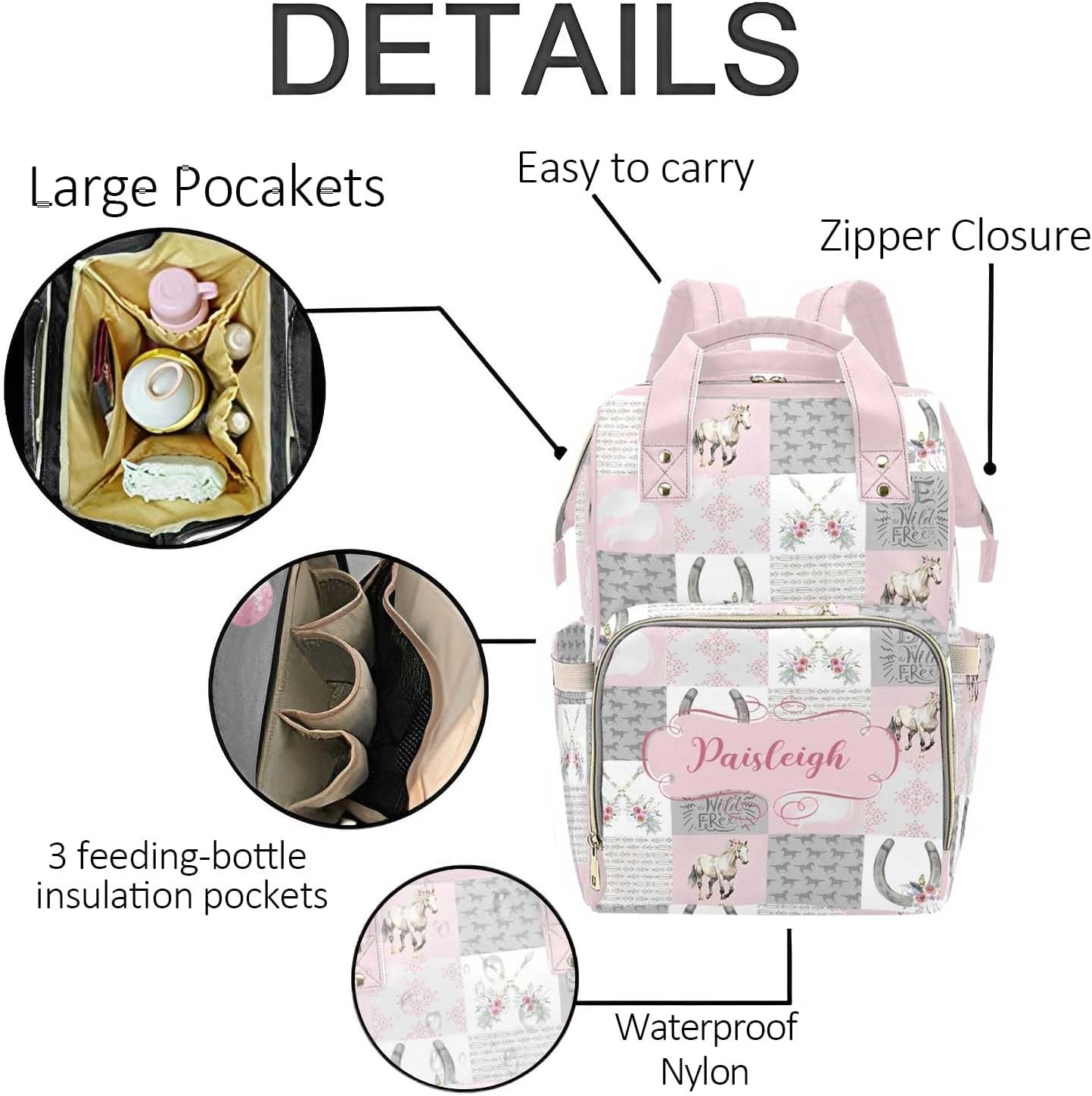 Horse Pink Personalized Diaper Bag with Custom Name – Custom Baby Tote Backpack for Mom, Unique Gift for New Parents, Baby Shower Essentials